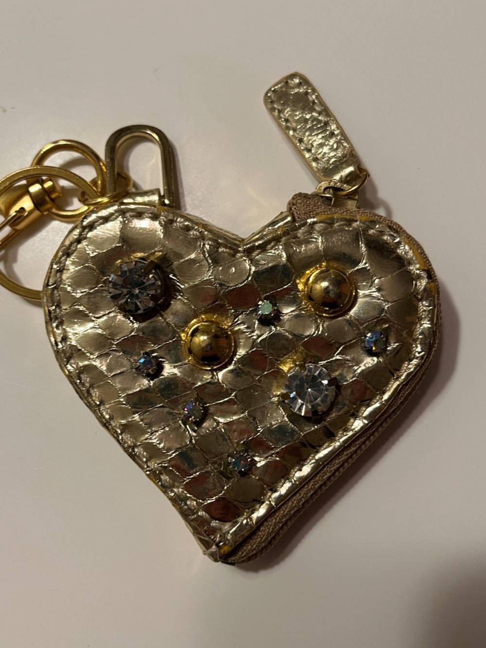 Rafe Metallic Gold Heart Key & Coin Pouch with Crystal Studs